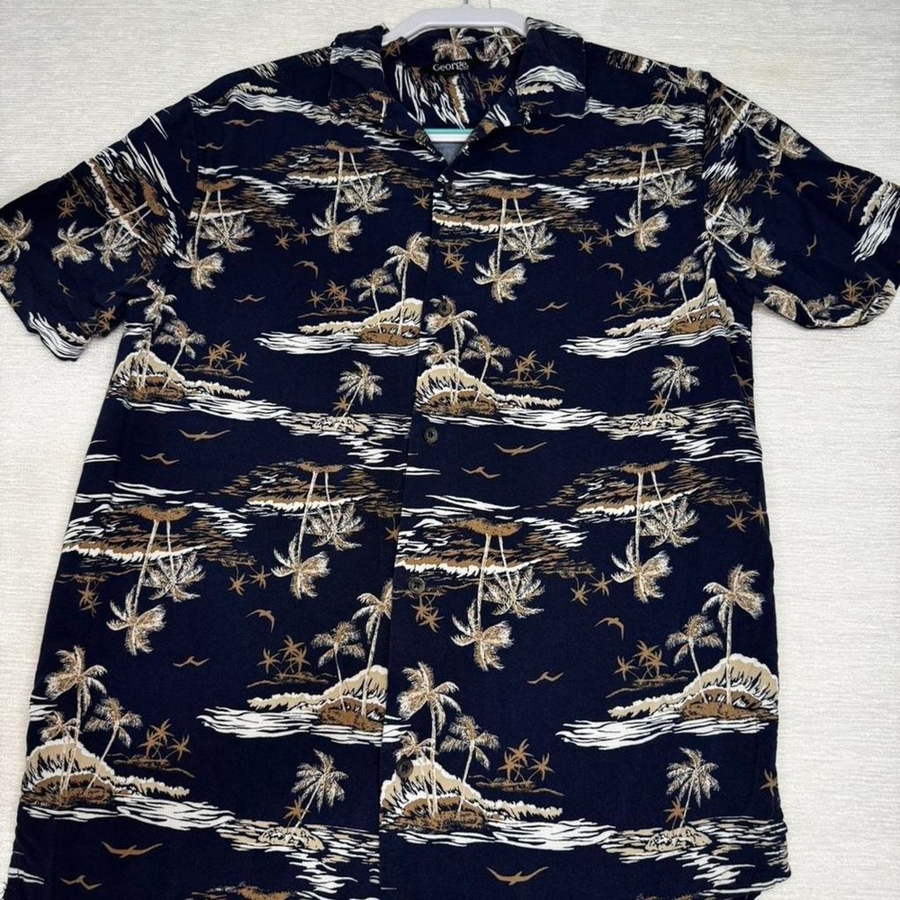 George Mens Navy Blue Tropical Palm Tree Rayon Camp Shirt GRS40012MN Medium‎